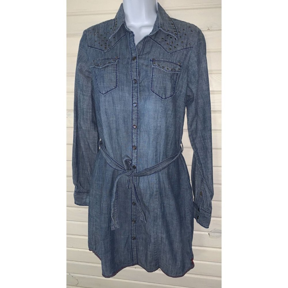 Southern Thread Sz MEDIUM Blue Denim Studded Western Shirt Dress L/S Collar EUC